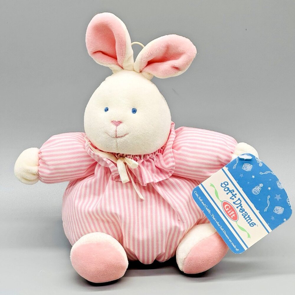 Soft Dreams Bunny Plush Terry Cloth Stuffed‎ Animal Rattle Squeaks Pink Stripes